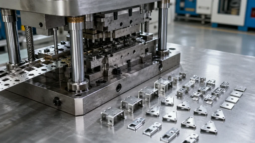 Progressive die stamping tooling with metal strip and stamped parts