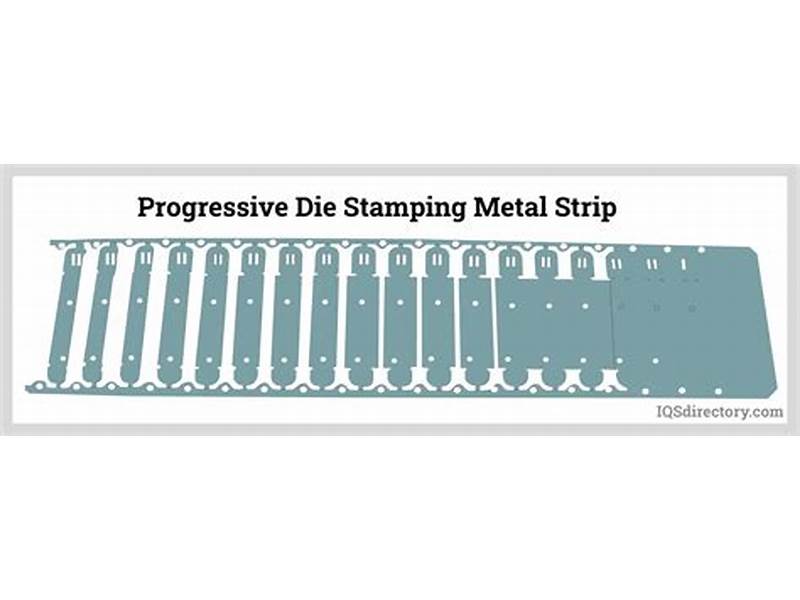 Progressive die stamping strip layout showing station sequence and part carrier design