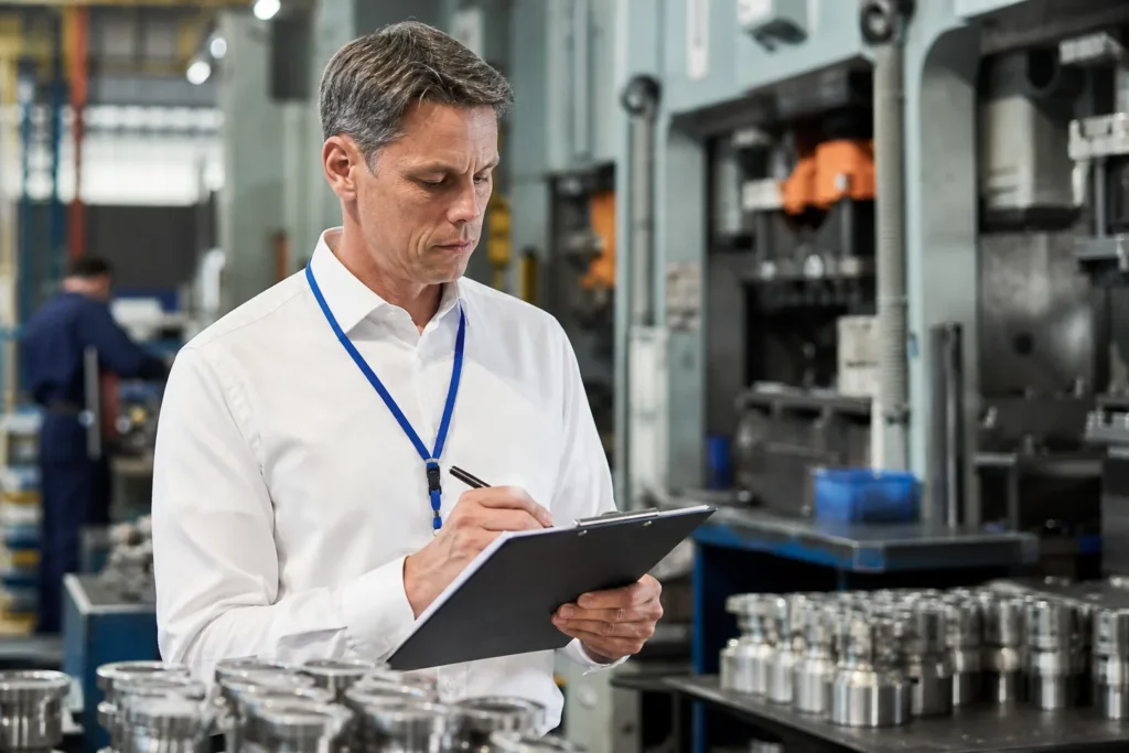 Buyer or auditor visiting a stamping manufacturer with checklist in hand