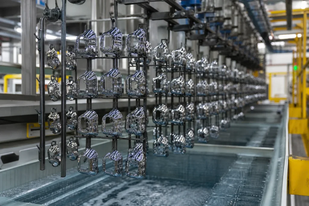 Surface finishing line for stamped metal parts with shiny components on racks