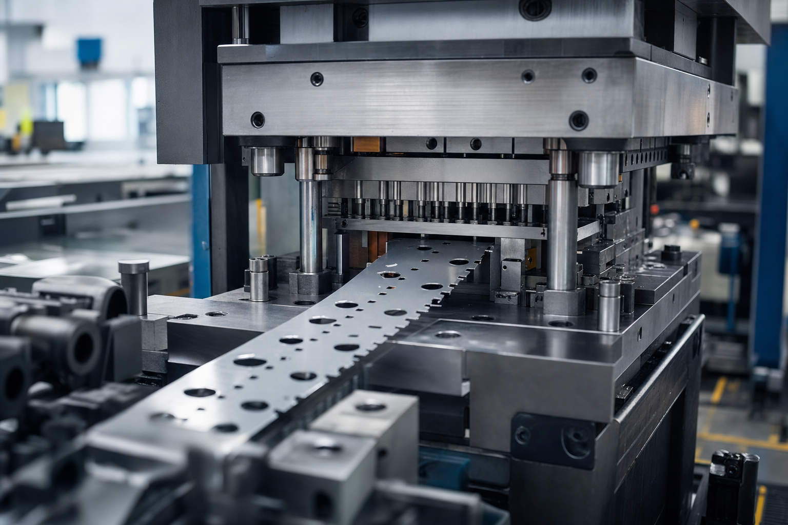 Sheet metal stamping press line with progressive strip material feeding through precision tooling