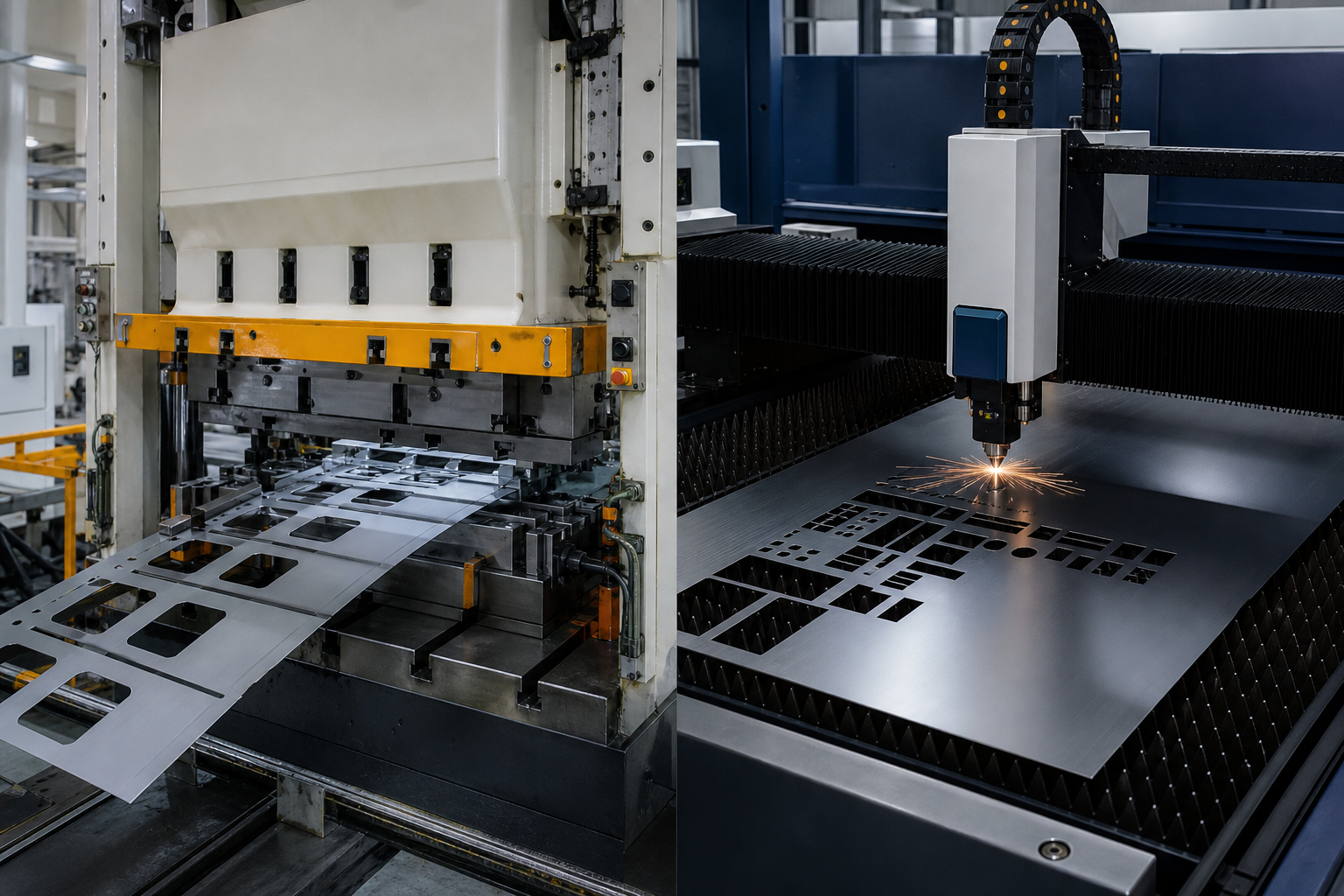 Stamping press line and laser cutting machine comparison for sheet metal manufacturing