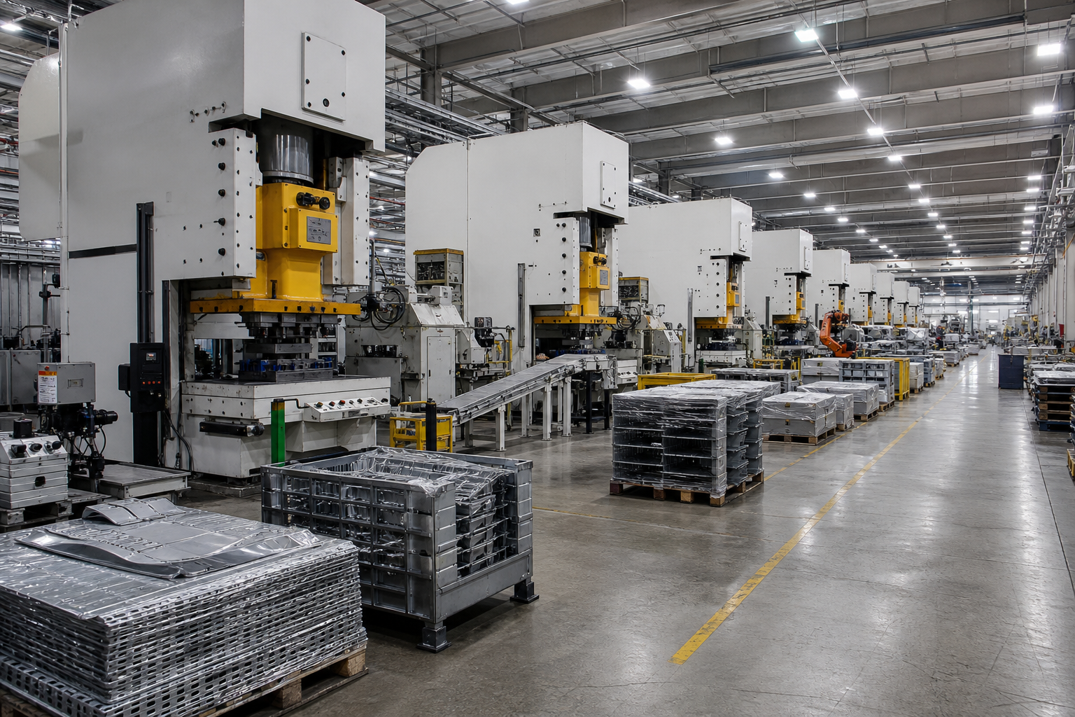 Modern metal stamping factory floor with organized presses and finished parts