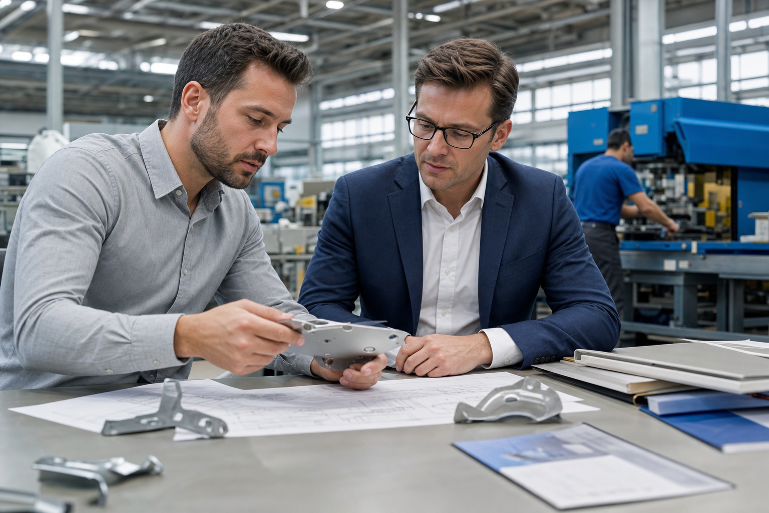 Engineer and salesperson reviewing a metal stamping quotation package beside a factory production scene