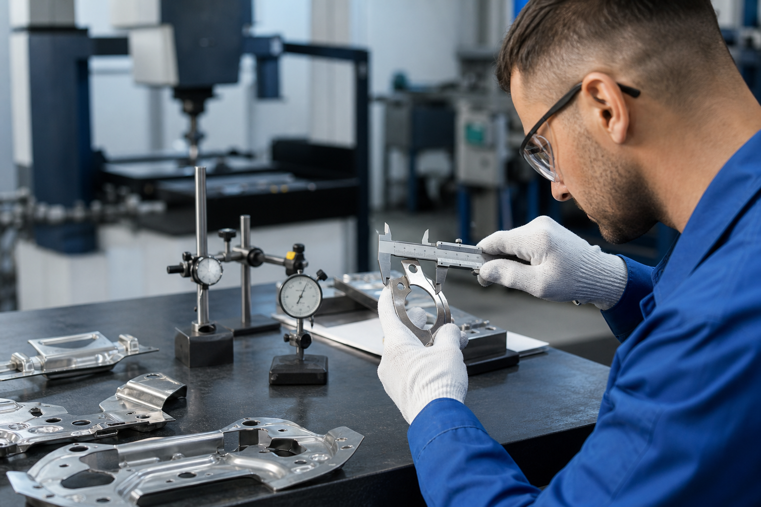 Custom metal stamping quality inspection with technician measuring precision stamped parts