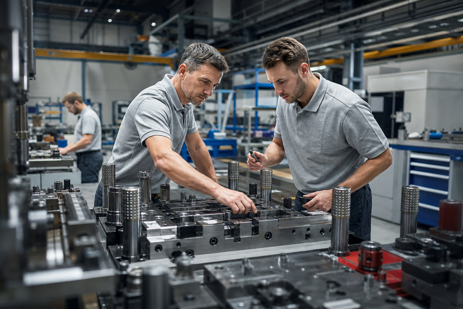 Metal stamping manufacturer workshop with engineers working around precision dies and fixtures