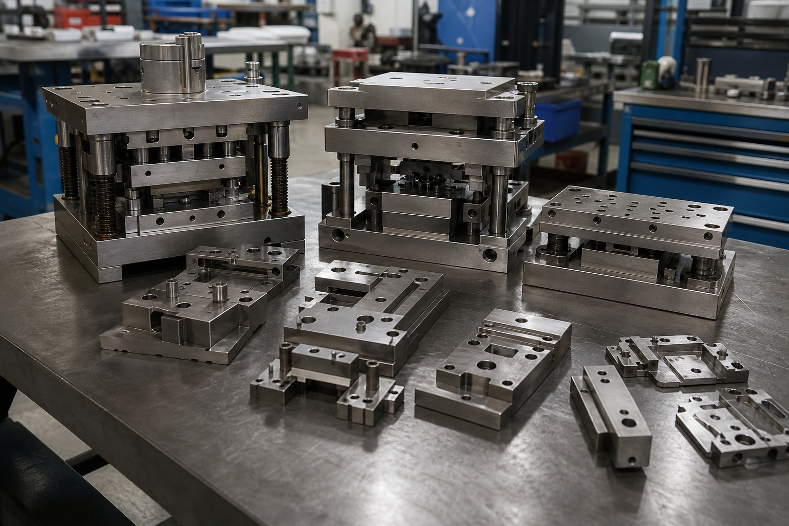 Prototype metal stamping tooling in a workshop with small batch die components