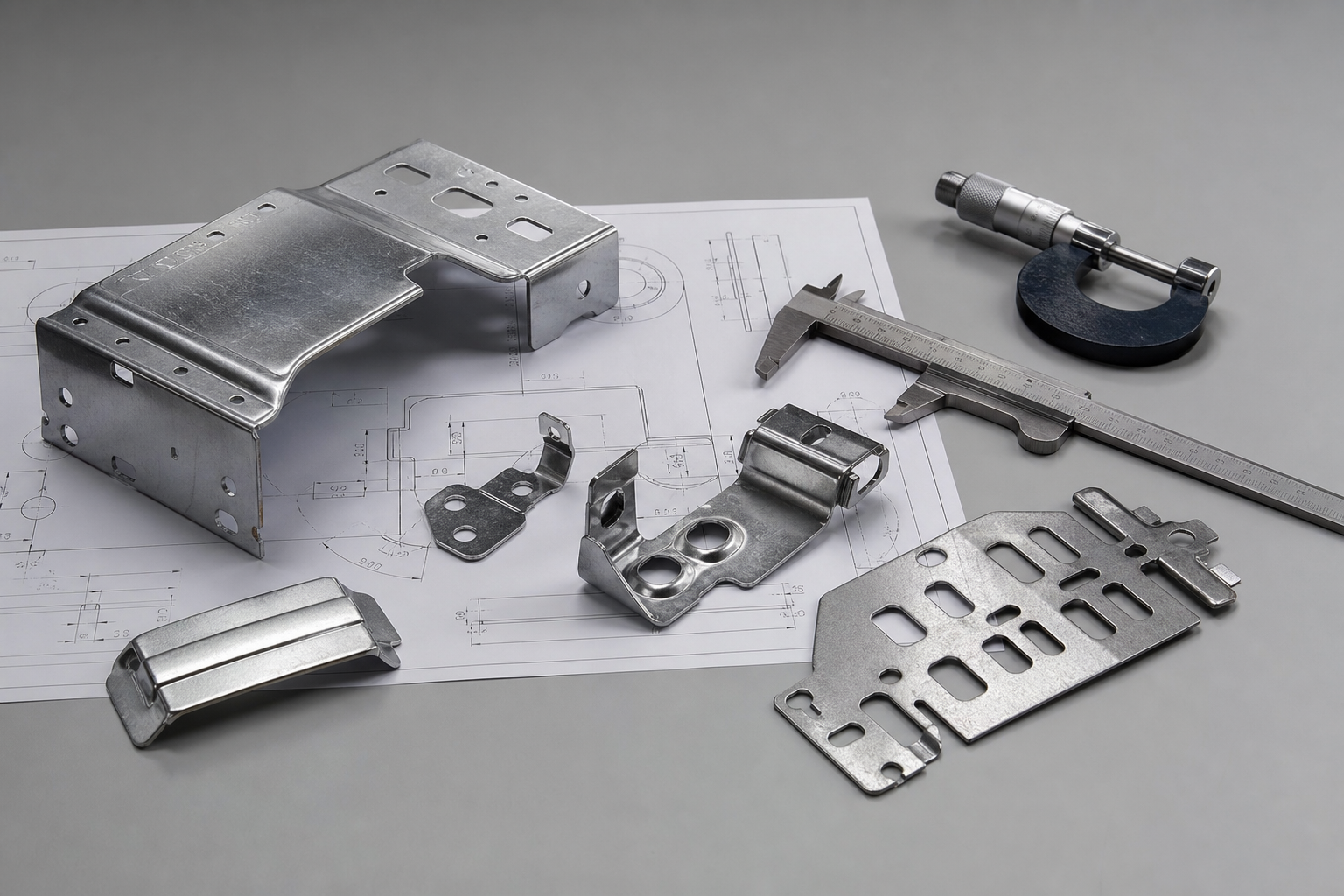 Custom metal stamped parts arranged beside engineering drawings and precision measuring tools