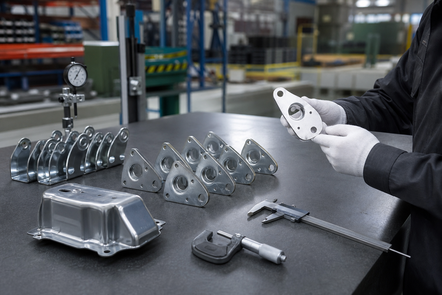 Precision stamped metal parts supplier quality inspection with calipers and gauges