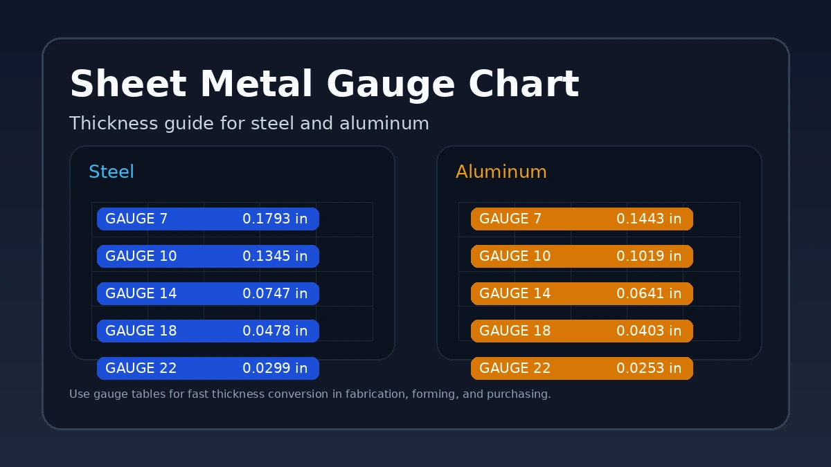 Sheet metal gauge chart showing thickness guide for steel and aluminum