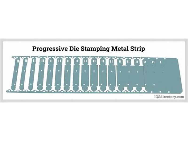 Progressive die stamping strip layout showing station sequence and part carrier design