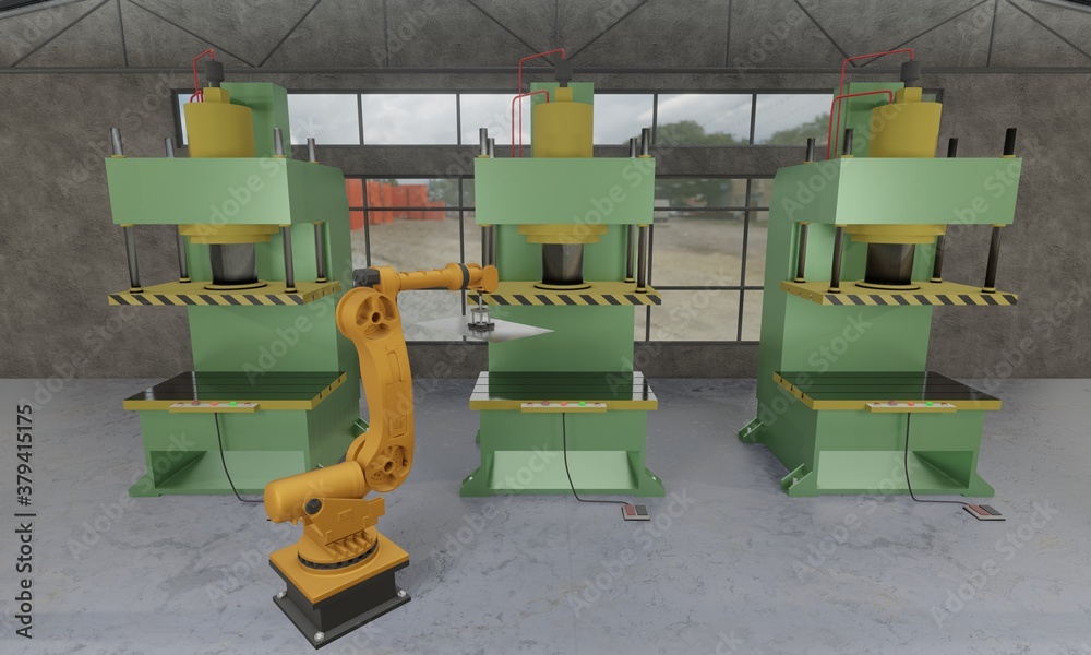 Transfer die stamping press with robotic arm automation for parts transfer in industrial manufacturing