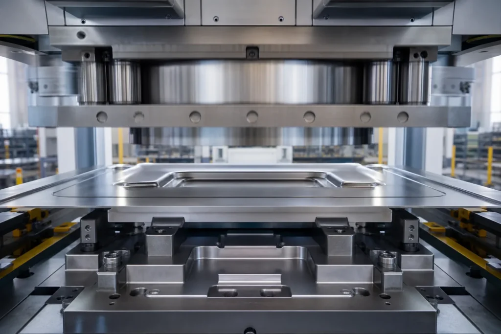 Metal stamping press forming a sheet metal part in a clean modern factory