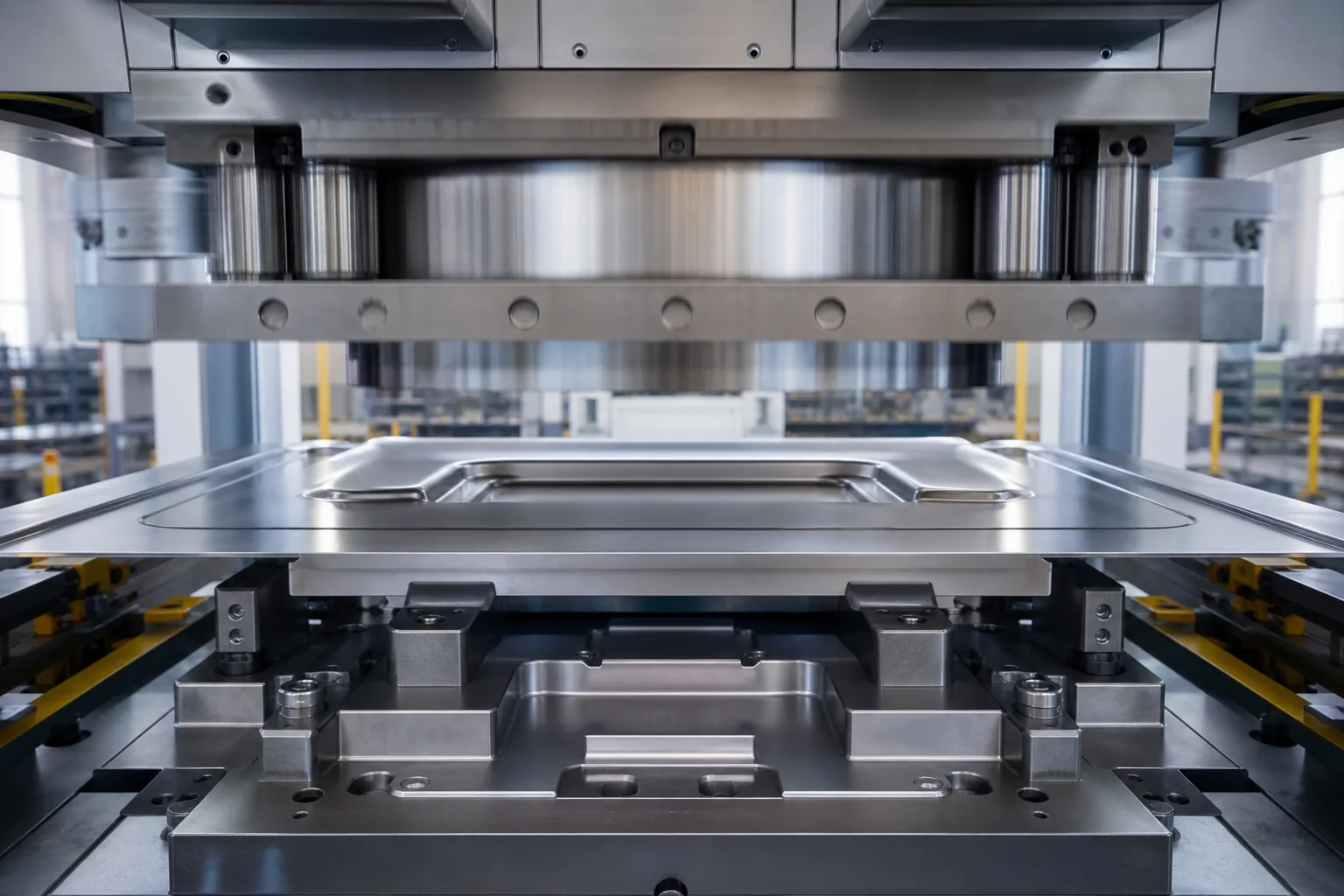 Metal stamping press forming a sheet metal part in a clean modern factory