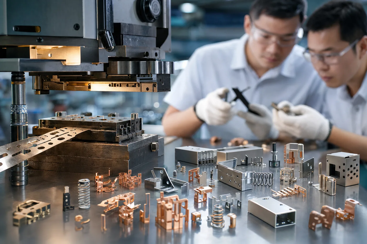 Electro-mechanical component stamping: copper contacts, spring terminals, and sensor brackets