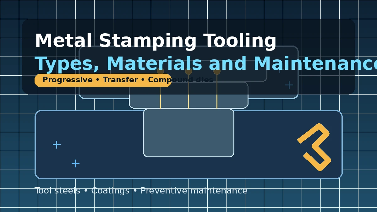 Metal stamping tooling illustration showing progressive, transfer, and compound dies with tool steels and maintenance concepts